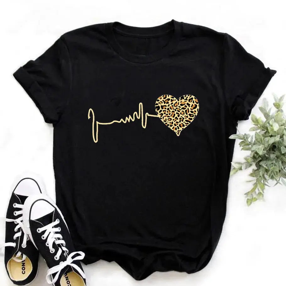 Summer New 90 ’s Leopard Heartbeat Short Sleeve Print Clothing Women's T-Shirt Harajuku Graphic Clothing Women's Top,Drop Ship by All Mart Bristol Ltd