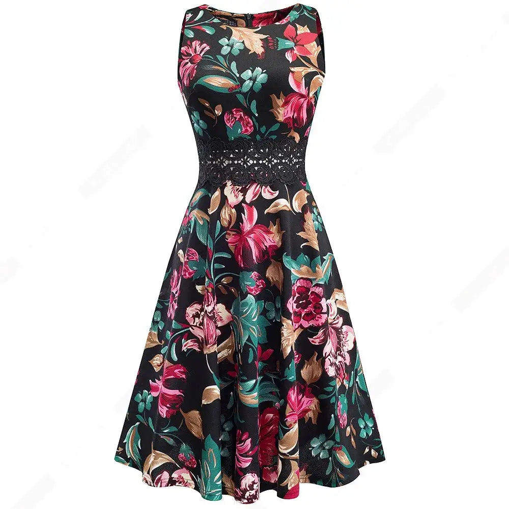Women Vintage Casual Round Neck A line Summer Elegant Floral Lace Patchwork Sleeveless Tunic Party Swing Dress HA079 by All Mart Bristol Ltd