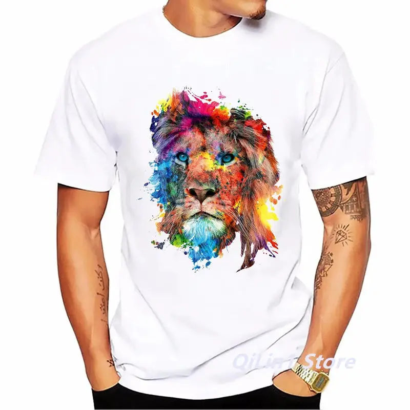 Watercolor Lion/Wolf/Owl/Tiger/Deer Animal Print Tee Shirt Homme Summer Top Male White Short Sleeve T-Shirt Men Hip Hop T Shirt by All Mart Bristol Ltd