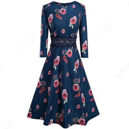 Women Vintage Casual Round Neck A line Summer Elegant Floral Lace Patchwork Sleeveless Tunic Party Swing Dress HA079