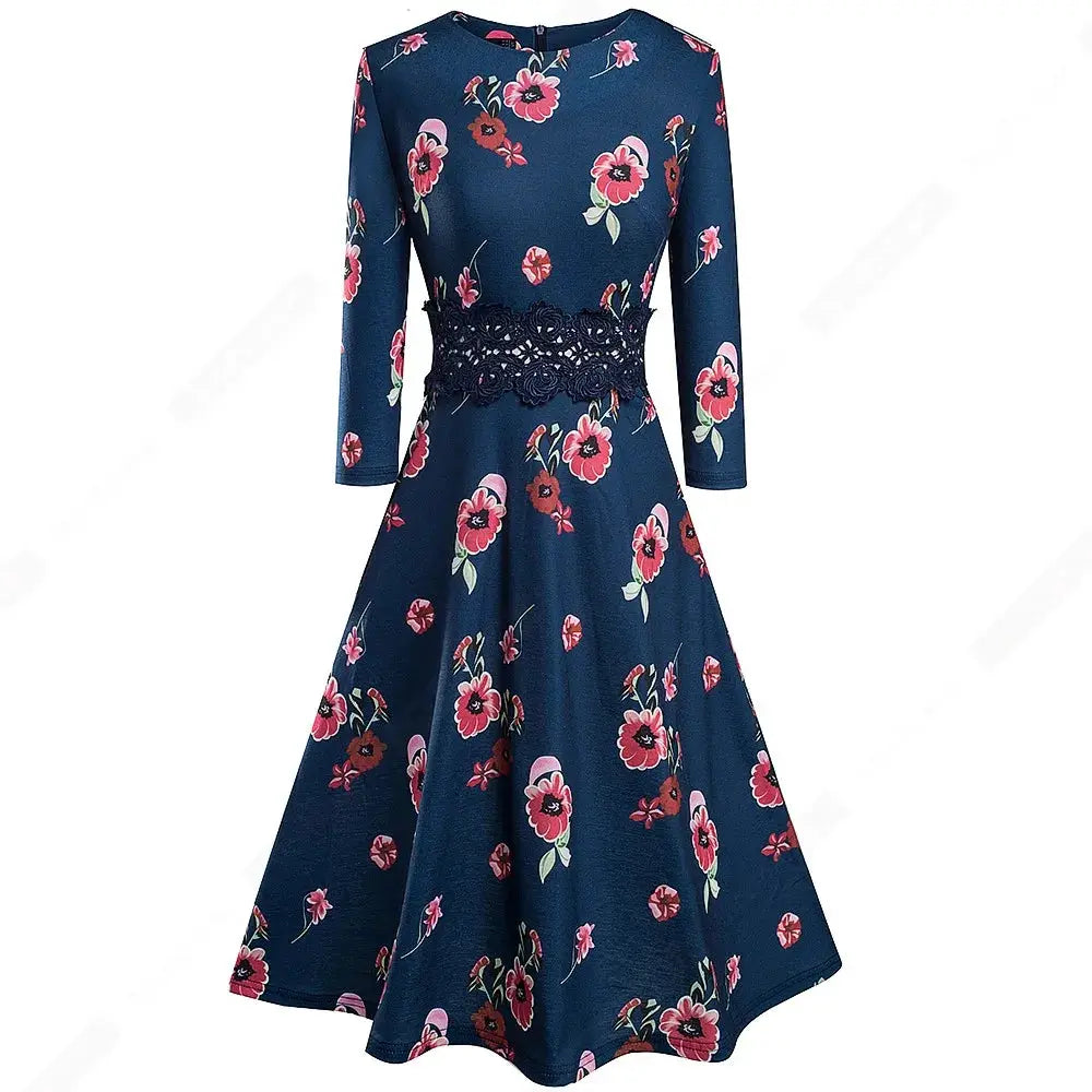 Women Vintage Casual Round Neck A line Summer Elegant Floral Lace Patchwork Sleeveless Tunic Party Swing Dress HA079