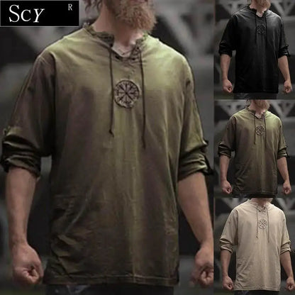 Men Plus Size Shirt Top Ancient Viking Embroidery Lace Up V Neck Long Sleeve Shirt Top For Men's Clothing by All Mart Bristol Ltd