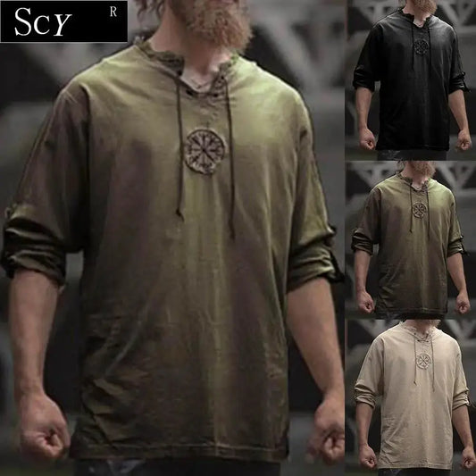 Men Plus Size Shirt Top Ancient Viking Embroidery Lace Up V Neck Long Sleeve Shirt Top For Men's Clothing by All Mart Bristol Ltd
