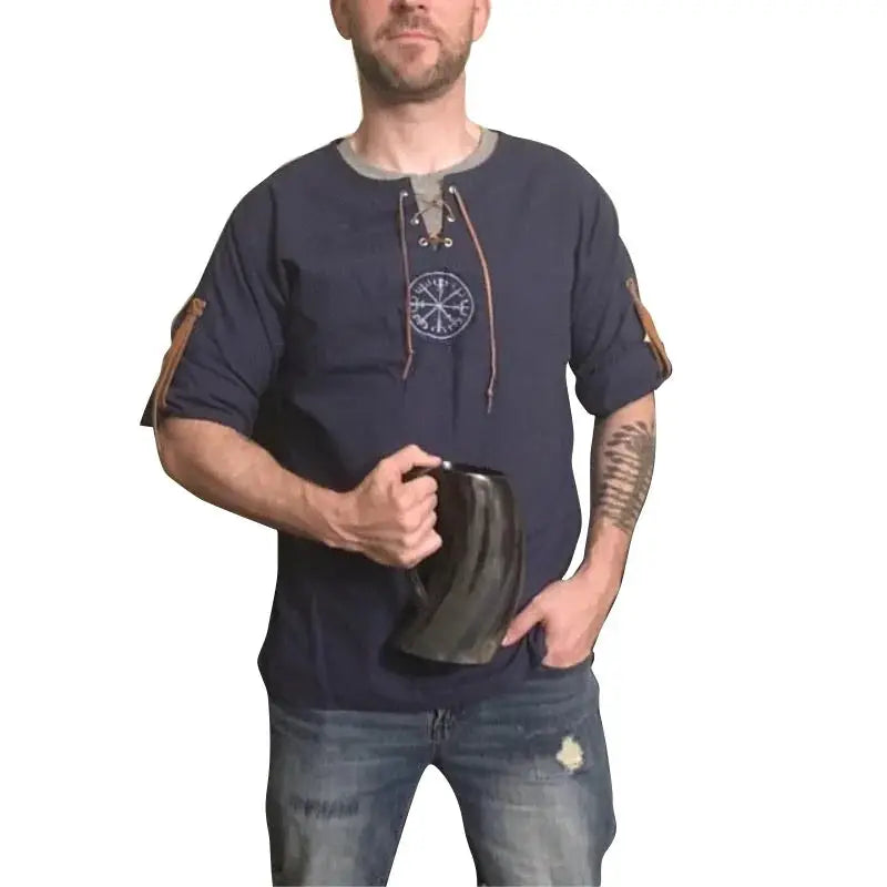 Men Plus Size Shirt Top Ancient Viking Embroidery Lace Up V Neck Long Sleeve Shirt Top For Men's Clothing by All Mart Bristol Ltd