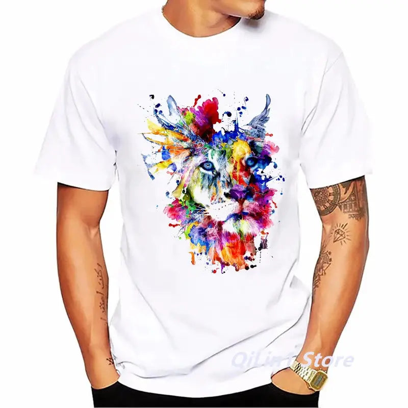 Watercolor Lion/Wolf/Owl/Tiger/Deer Animal Print Tee Shirt Homme Summer Top Male White Short Sleeve T-Shirt Men Hip Hop T Shirt by All Mart Bristol Ltd