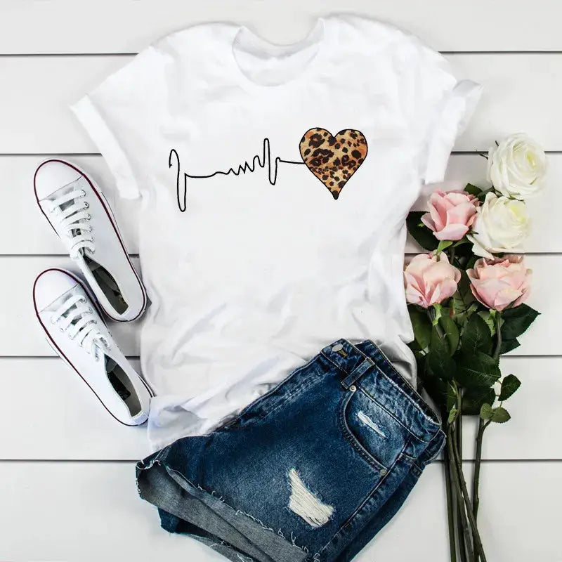 Summer New 90 ’s Leopard Heartbeat Short Sleeve Print Clothing Women's T-Shirt Harajuku Graphic Clothing Women's Top,Drop Ship by All Mart Bristol Ltd