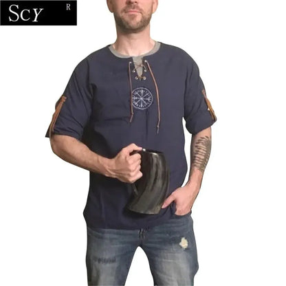 Men Plus Size Shirt Top Ancient Viking Embroidery Lace Up V Neck Long Sleeve Shirt Top For Men's Clothing by All Mart Bristol Ltd