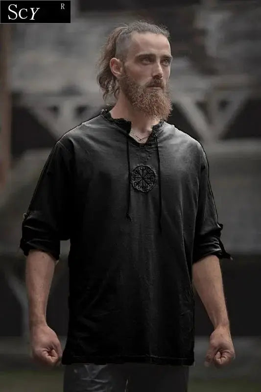 Men Plus Size Shirt Top Ancient Viking Embroidery Lace Up V Neck Long Sleeve Shirt Top For Men's Clothing by All Mart Bristol Ltd