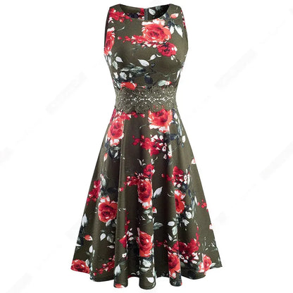 Women Vintage Casual Round Neck A line Summer Elegant Floral Lace Patchwork Sleeveless Tunic Party Swing Dress HA079