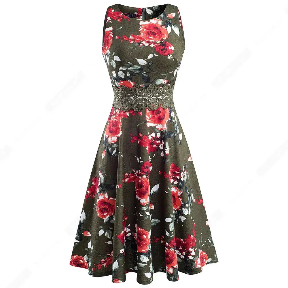 Women Vintage Casual Round Neck A line Summer Elegant Floral Lace Patchwork Sleeveless Tunic Party Swing Dress HA079 by All Mart Bristol Ltd