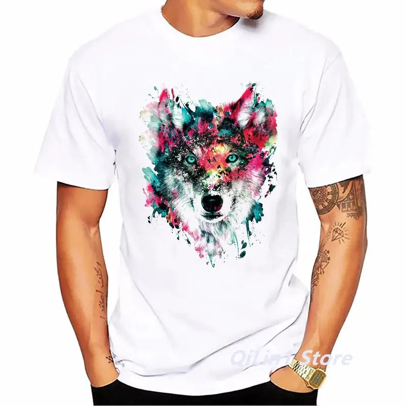 Watercolor Lion/Wolf/Owl/Tiger/Deer Animal Print Tee Shirt Homme Summer Top Male White Short Sleeve T-Shirt Men Hip Hop T Shirt by All Mart Bristol Ltd