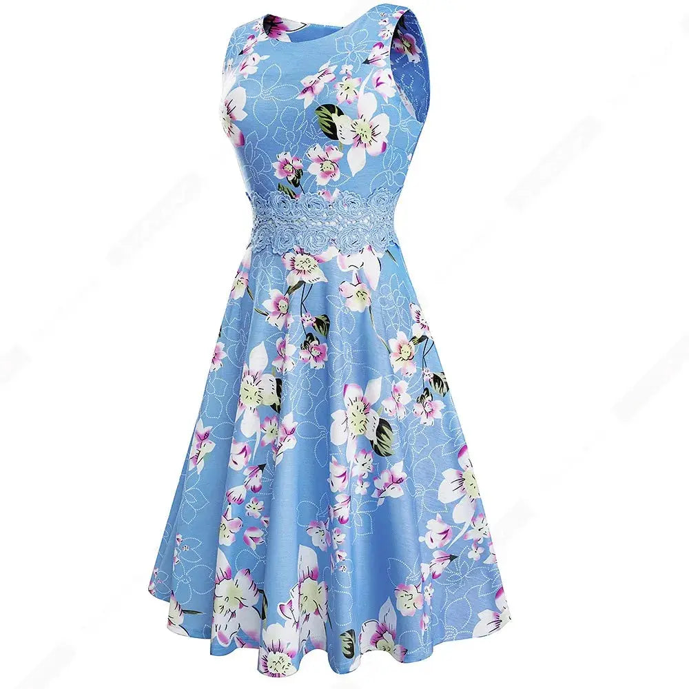 Women Vintage Casual Round Neck A line Summer Elegant Floral Lace Patchwork Sleeveless Tunic Party Swing Dress HA079 by All Mart Bristol Ltd