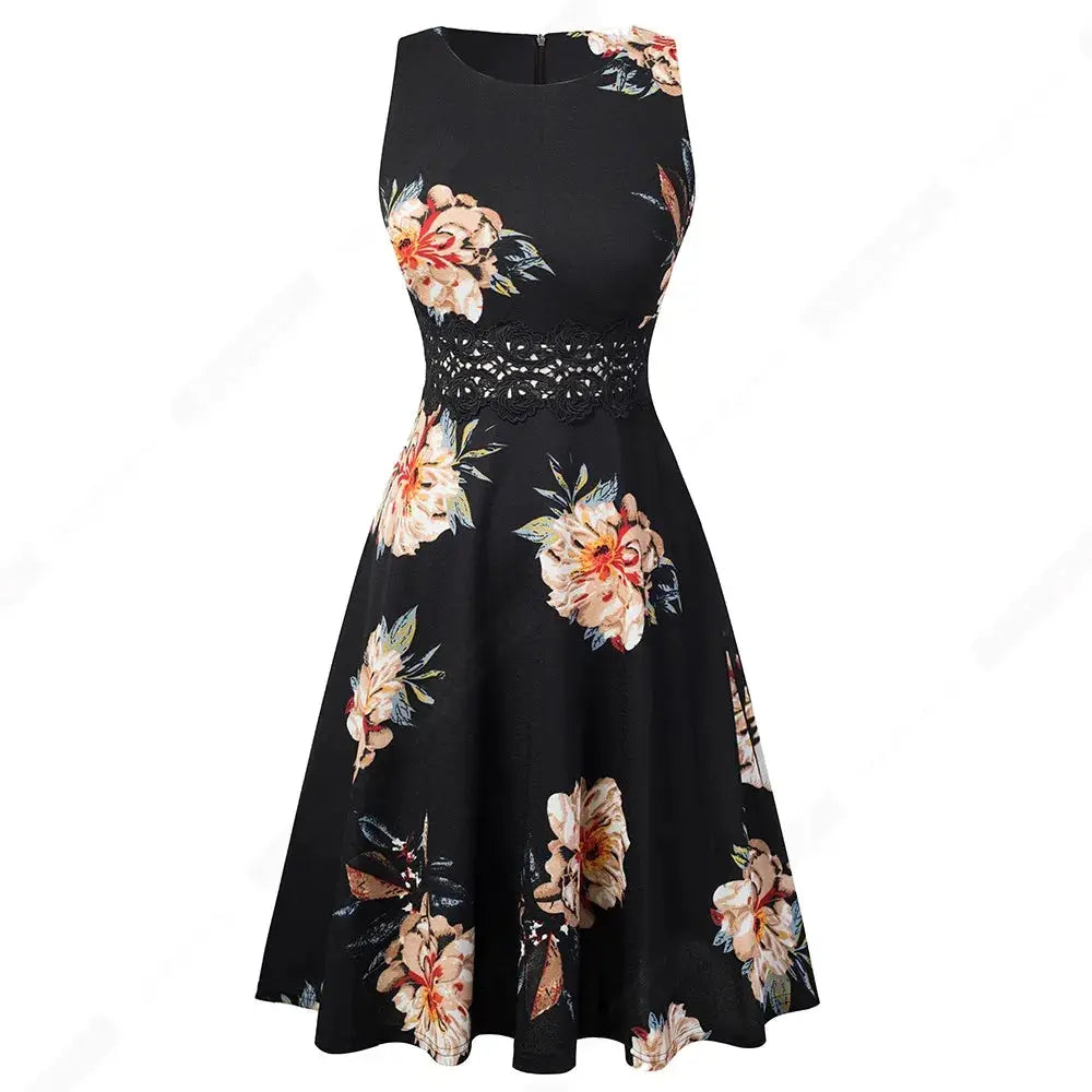 Women Vintage Casual Round Neck A line Summer Elegant Floral Lace Patchwork Sleeveless Tunic Party Swing Dress HA079