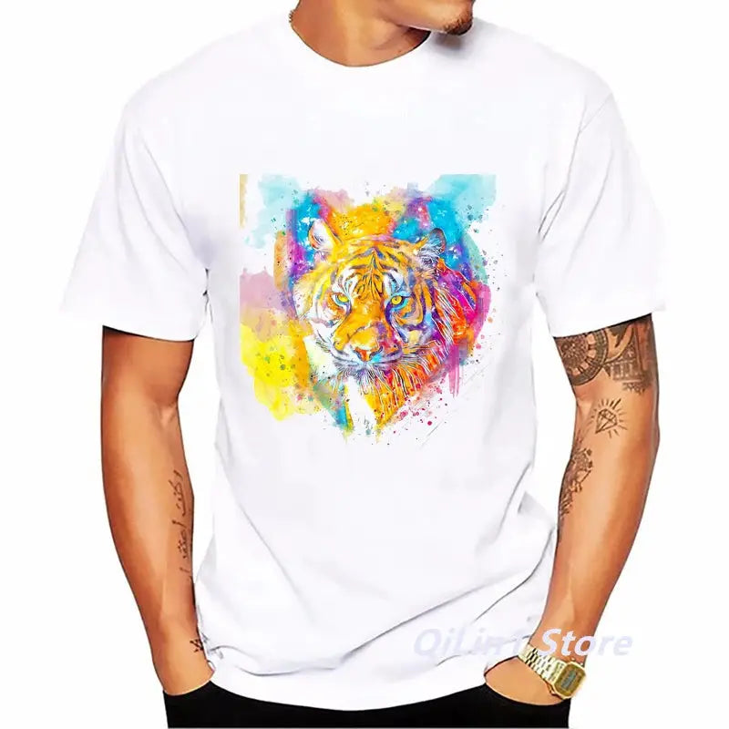 Watercolor Lion/Wolf/Owl/Tiger/Deer Animal Print Tee Shirt Homme Summer Top Male White Short Sleeve T-Shirt Men Hip Hop T Shirt by All Mart Bristol Ltd
