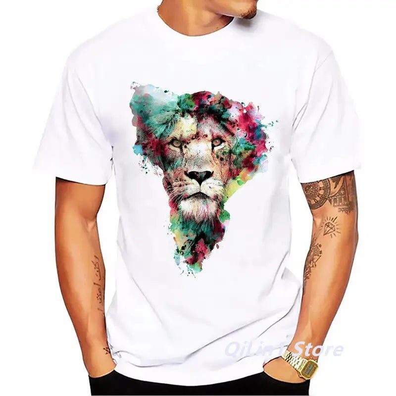 Watercolor Lion/Wolf/Owl/Tiger/Deer Animal Print Tee Shirt Homme Summer Top Male White Short Sleeve T-Shirt Men Hip Hop T Shirt by All Mart Bristol Ltd