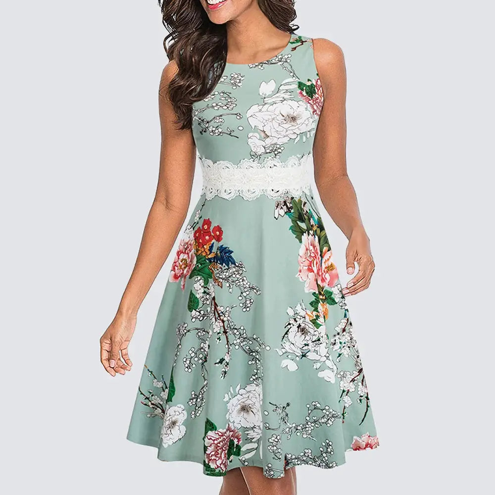 Women Vintage Casual Round Neck A line Summer Elegant Floral Lace Patchwork Sleeveless Tunic Party Swing Dress HA079 by All Mart Bristol Ltd