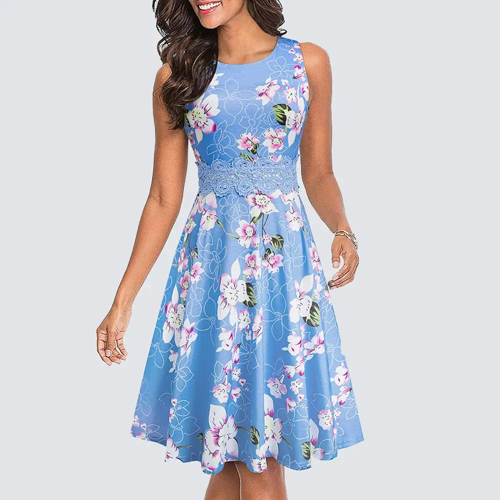 Women Vintage Casual Round Neck A line Summer Elegant Floral Lace Patchwork Sleeveless Tunic Party Swing Dress HA079 by All Mart Bristol Ltd