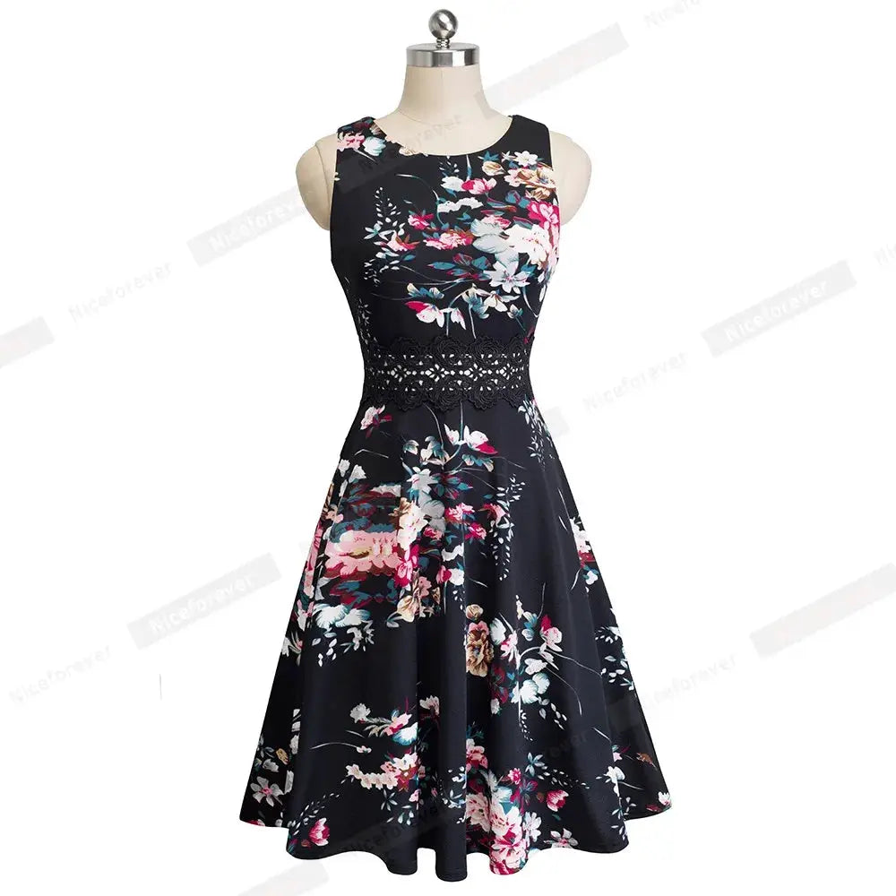 Women Vintage Casual Round Neck A line Summer Elegant Floral Lace Patchwork Sleeveless Tunic Party Swing Dress HA079 by All Mart Bristol Ltd