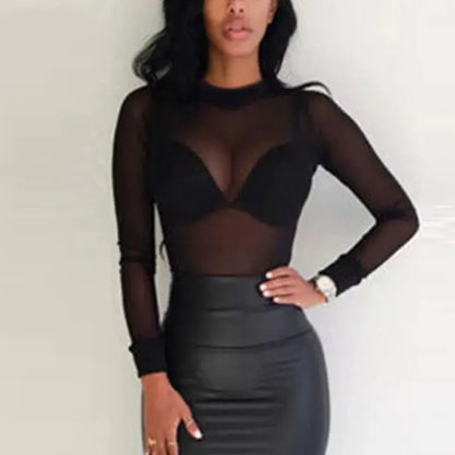 Sexy Women T Shirt See Through Transparent Mesh Tops Long Sleeve Sheer Slim Ladies Turtleneck T-Shirt by All Mart Bristol Ltd