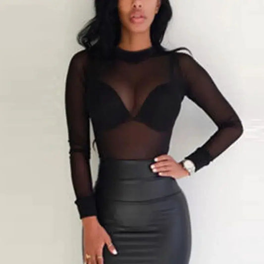 Sexy Women T Shirt See Through Transparent Mesh Tops Long Sleeve Sheer Slim Ladies Turtleneck T-Shirt by All Mart Bristol Ltd