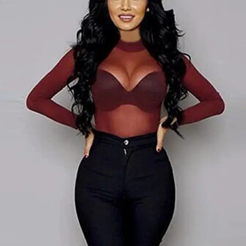 Sexy Women T Shirt See Through Transparent Mesh Tops Long Sleeve Sheer Slim Ladies Turtleneck T-Shirt by All Mart Bristol Ltd