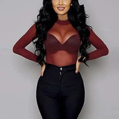 Sexy Women T Shirt See Through Transparent Mesh Tops Long Sleeve Sheer Slim Ladies Turtleneck T-Shirt by All Mart Bristol Ltd