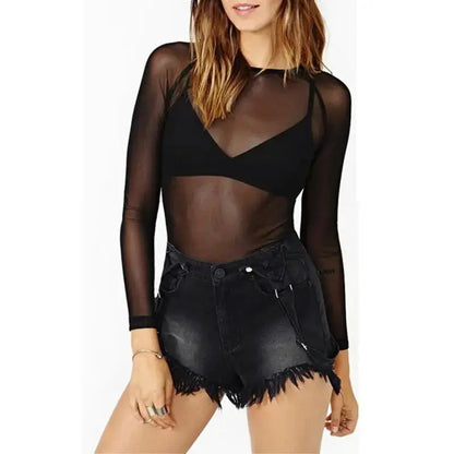 Hot New 2025 Spring Summer Womens Long Sleeve Sexy Black Mesh Top T Shirts Transparent Punk Club Streetwear Tees Beach Tops by All Mart Bristol Ltd