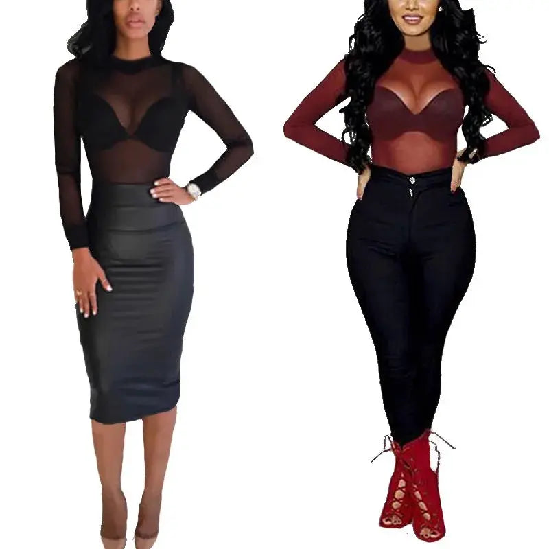 Sexy Women T Shirt See Through Transparent Mesh Tops Long Sleeve Sheer Slim Ladies Turtleneck T-Shirt by All Mart Bristol Ltd