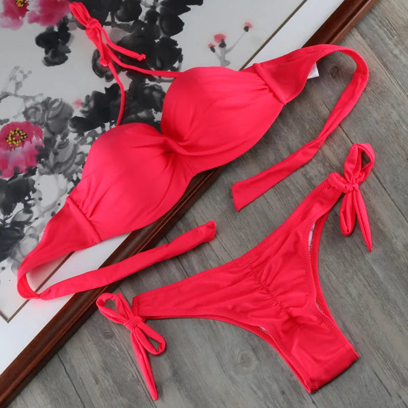 Bikini Solid Strappy Bandage Bikinis Set White Push Up Bikini Swimwear Bandeau Brazilian Swimsuit Bathing Suit Maillot De Bain by All Mart Bristol Ltd