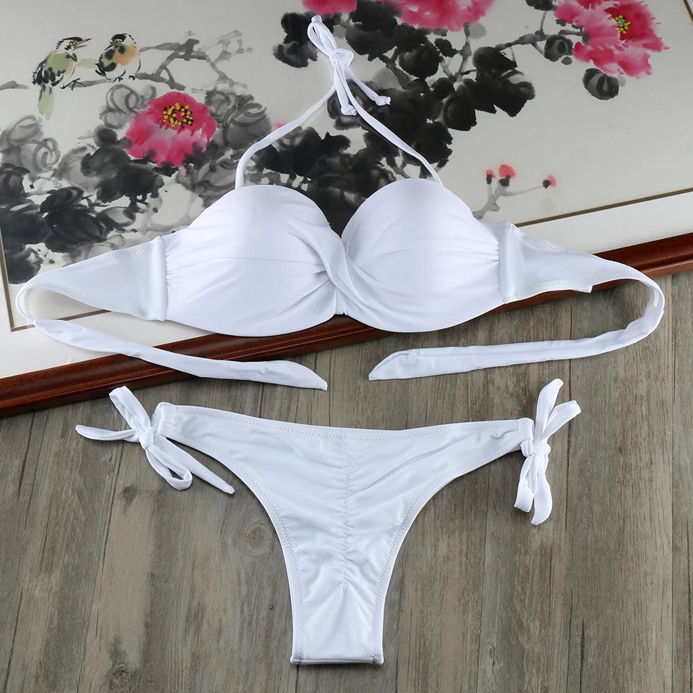 Bikini Solid Strappy Bandage Bikinis Set White Push Up Bikini Swimwear Bandeau Brazilian Swimsuit Bathing Suit Maillot De Bain by All Mart Bristol Ltd
