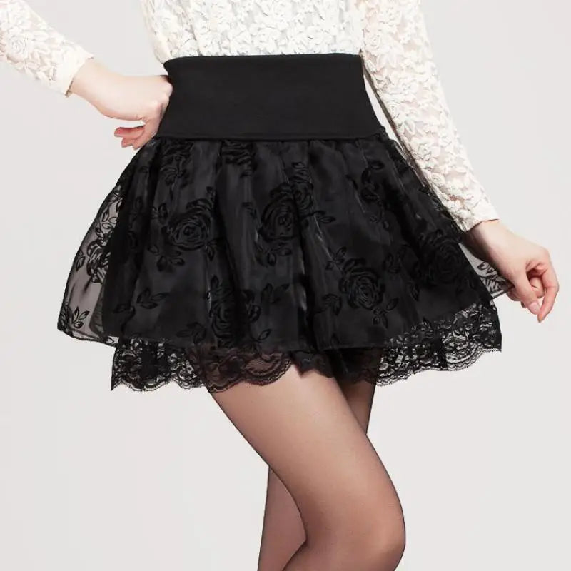 Zuolunouba Summer Slim Preppy Skirt Women Flower Bow Mini Tutu Style Elasticity Lace Skirts Shorts Lady High Waist Student by All Mart Bristol Ltd