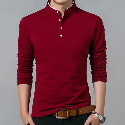 Liseaven T-Shirt Men Cotton T Shirt Full Sleeve tshirt Men Solid Color T-shirts tops&tees Mandarin Collar Long Shirt by All Mart Bristol Ltd