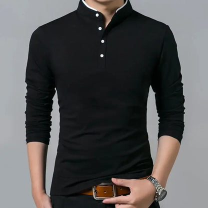 Liseaven T-Shirt Men Cotton T Shirt Full Sleeve tshirt Men Solid Color T-shirts tops&tees Mandarin Collar Long Shirt by All Mart Bristol Ltd