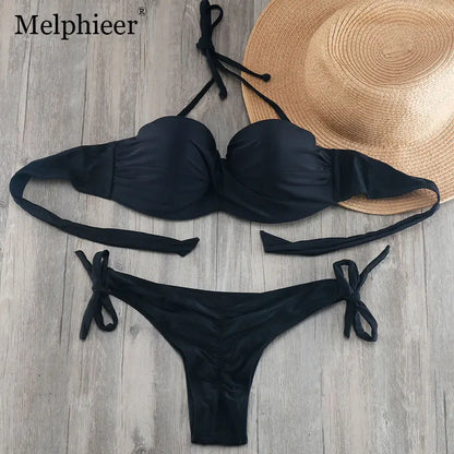 Bikini Solid Strappy Bandage Bikinis Set White Push Up Bikini Swimwear Bandeau Brazilian Swimsuit Bathing Suit Maillot De Bain by All Mart Bristol Ltd