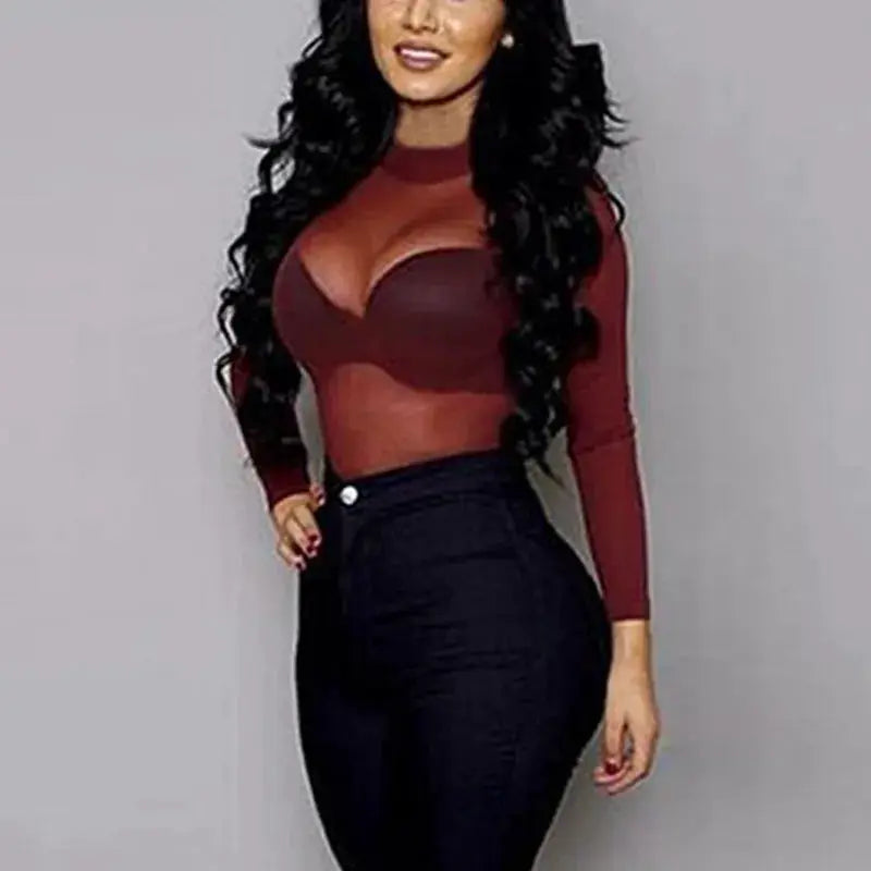 Sexy Women T Shirt See Through Transparent Mesh Tops Long Sleeve Sheer Slim Ladies Turtleneck T-Shirt by All Mart Bristol Ltd