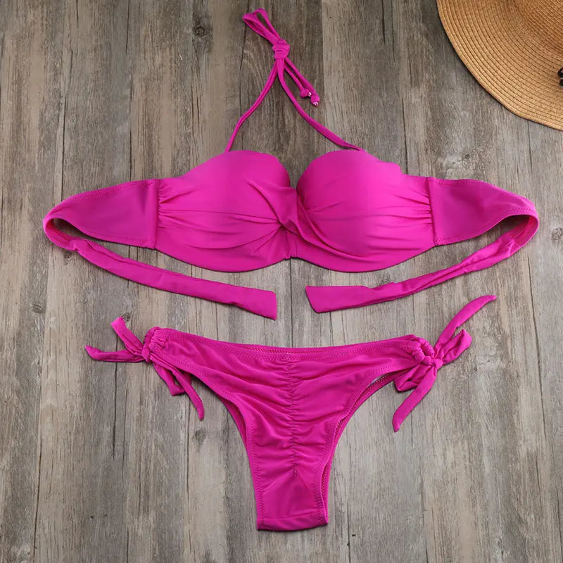 Bikini Solid Strappy Bandage Bikinis Set White Push Up Bikini Swimwear Bandeau Brazilian Swimsuit Bathing Suit Maillot De Bain by All Mart Bristol Ltd