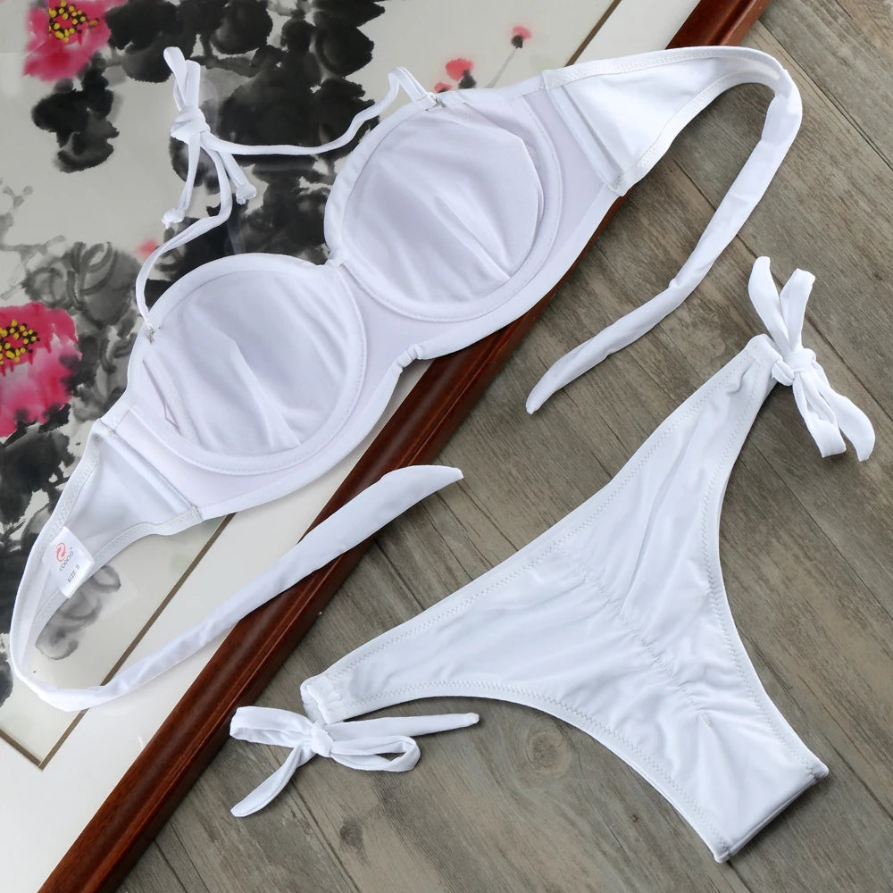Bikini Solid Strappy Bandage Bikinis Set White Push Up Bikini Swimwear Bandeau Brazilian Swimsuit Bathing Suit Maillot De Bain by All Mart Bristol Ltd