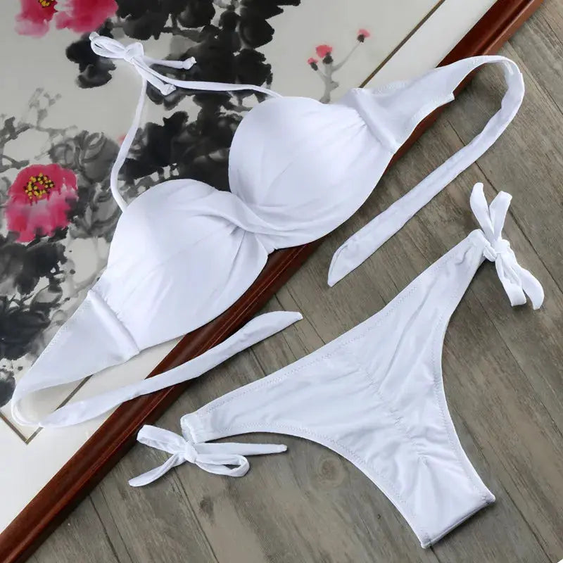 Bikini Solid Strappy Bandage Bikinis Set White Push Up Bikini Swimwear Bandeau Brazilian Swimsuit Bathing Suit Maillot De Bain by All Mart Bristol Ltd