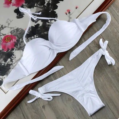 Bikini Solid Strappy Bandage Bikinis Set White Push Up Bikini Swimwear Bandeau Brazilian Swimsuit Bathing Suit Maillot De Bain by All Mart Bristol Ltd