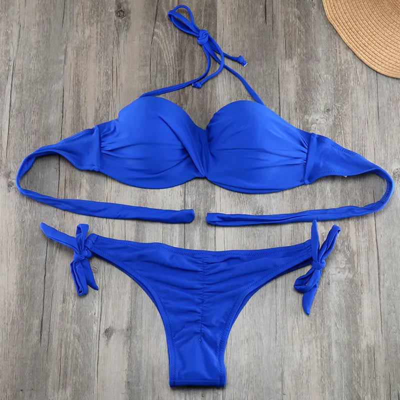 Bikini Solid Strappy Bandage Bikinis Set White Push Up Bikini Swimwear Bandeau Brazilian Swimsuit Bathing Suit Maillot De Bain by All Mart Bristol Ltd