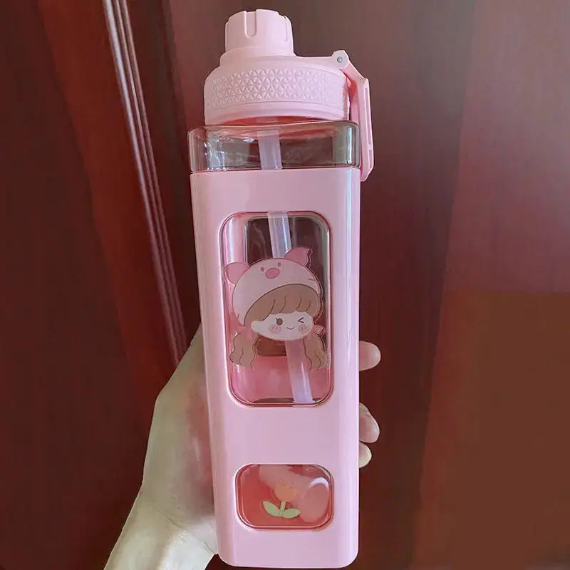 Kawaii Shaker Water Bottle With Straw Sticker Cute BPA Free 700ml/900ml Plastic Tea Milk Portable Gourde Drink Bottle For Girl by All Mart Bristol Ltd