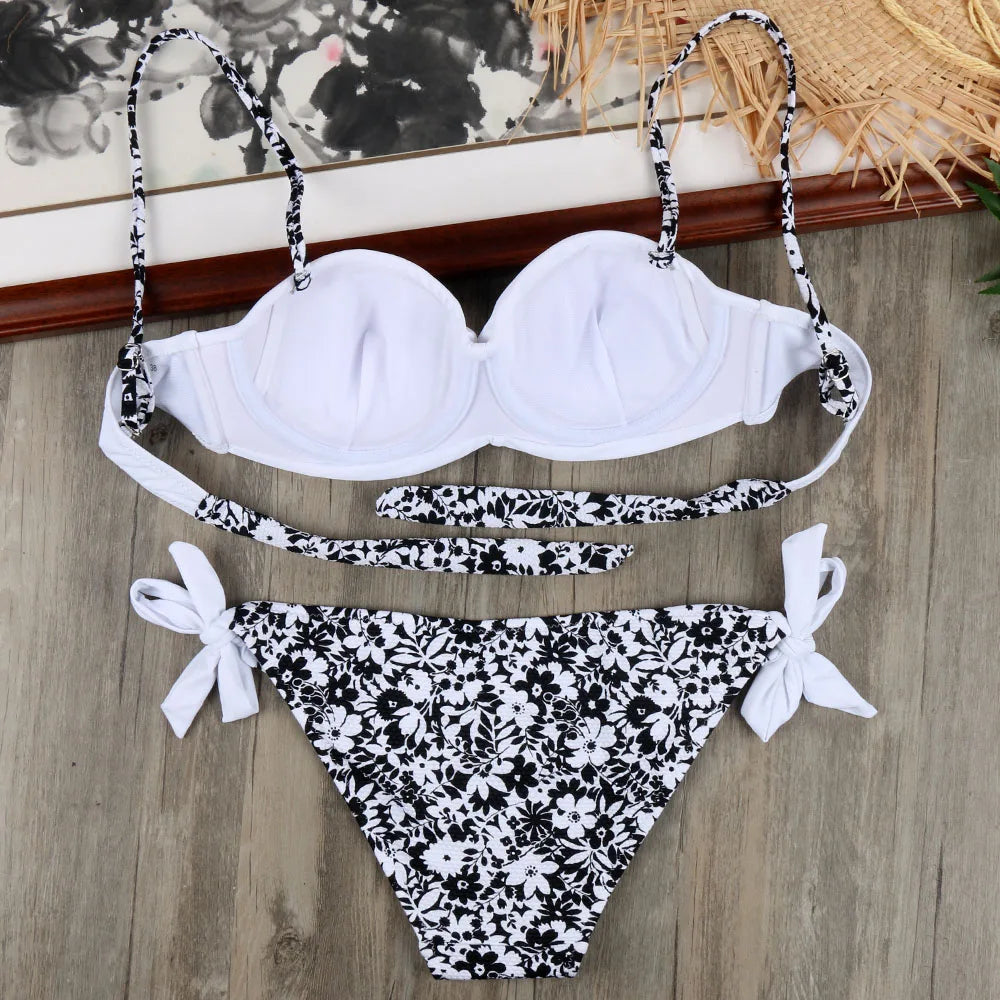 Bikini Solid Strappy Bandage Bikinis Set White Push Up Bikini Swimwear Bandeau Brazilian Swimsuit Bathing Suit Maillot De Bain by All Mart Bristol Ltd