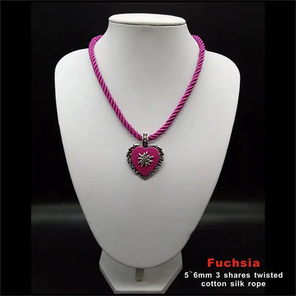 Bavarian Drawstring Cord Necklace Heart Edelweiss Pendant Ladies Costume Oktoberfest Jewelry Taditional German Pendant Necklace by All Mart Bristol Ltd