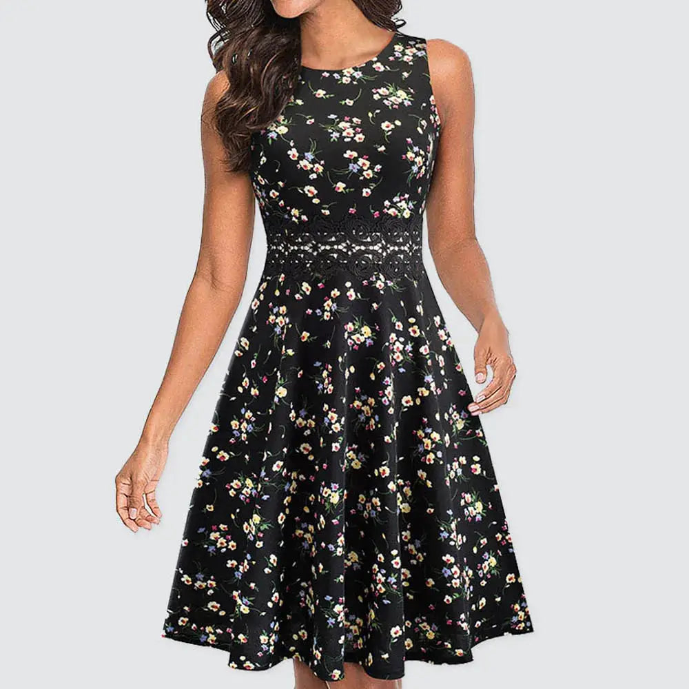 Women Vintage Casual Round Neck A line Summer Elegant Floral Lace Patchwork Sleeveless Tunic Party Swing Dress HA079 by All Mart Bristol Ltd