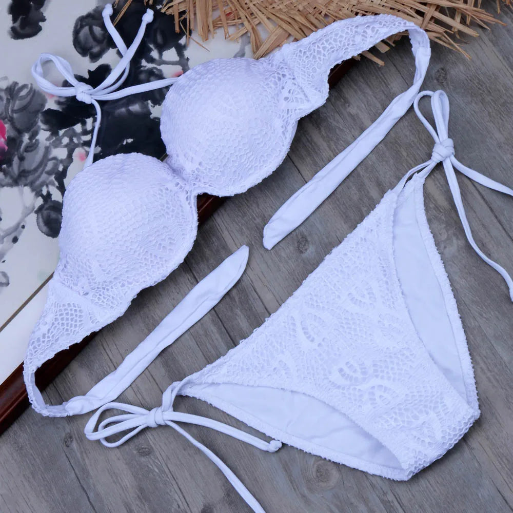 Bikini Solid Strappy Bandage Bikinis Set White Push Up Bikini Swimwear Bandeau Brazilian Swimsuit Bathing Suit Maillot De Bain by All Mart Bristol Ltd