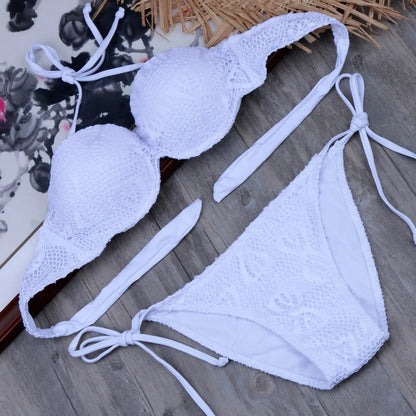 Bikini Solid Strappy Bandage Bikinis Set White Push Up Bikini Swimwear Bandeau Brazilian Swimsuit Bathing Suit Maillot De Bain by All Mart Bristol Ltd
