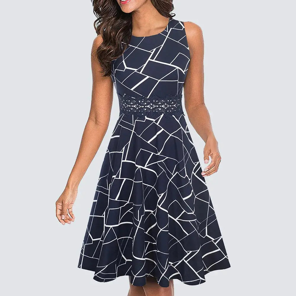 Women Vintage Casual Round Neck A line Summer Elegant Floral Lace Patchwork Sleeveless Tunic Party Swing Dress HA079 by All Mart Bristol Ltd