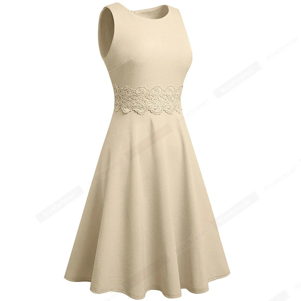 Women Vintage Casual Round Neck A line Summer Elegant Floral Lace Patchwork Sleeveless Tunic Party Swing Dress HA079 by All Mart Bristol Ltd