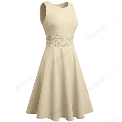 Women Vintage Casual Round Neck A line Summer Elegant Floral Lace Patchwork Sleeveless Tunic Party Swing Dress HA079 by All Mart Bristol Ltd