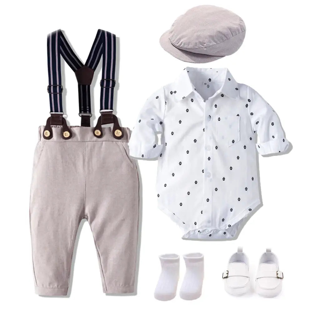 Baby Boy Birthday Gentleman Romper Clothes Set with Hat Cotton Spring Fall Toddler Kid Printed Bodysuit Dress Infant Outfit Suit by All Mart Bristol Ltd